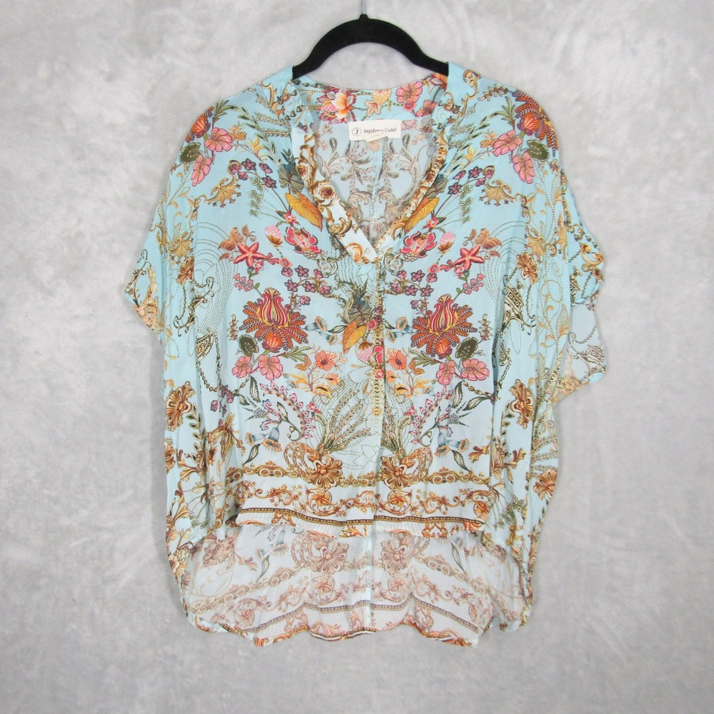 Jayshree Dalal Blouse Top Size Large Turquoise Floral Print Kimono Style